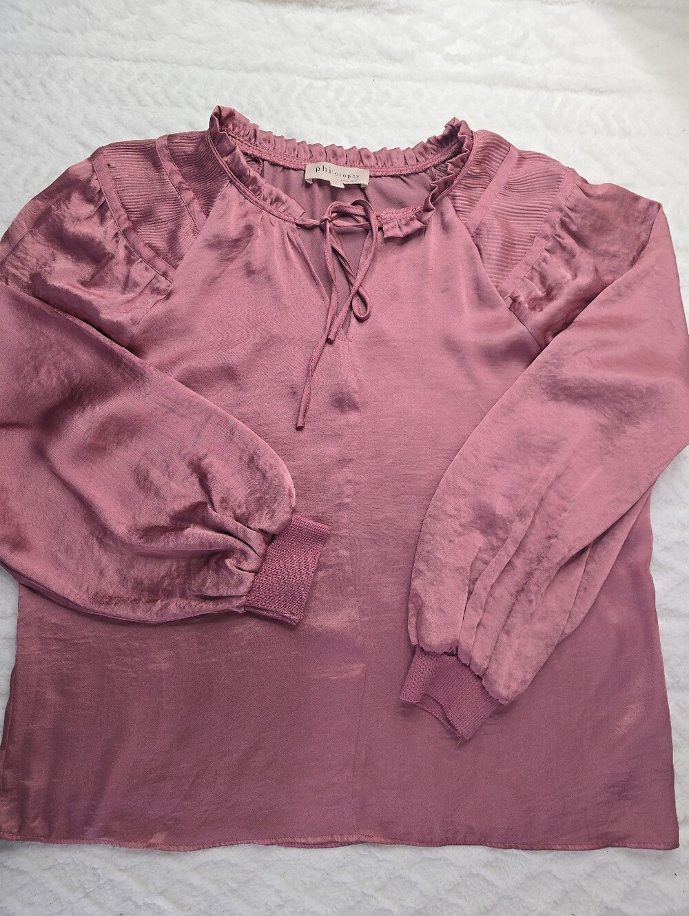 Philosophy Satin Blouse Pink Ruffle Tie Neck Long Sleeve Romantic Balletcore L